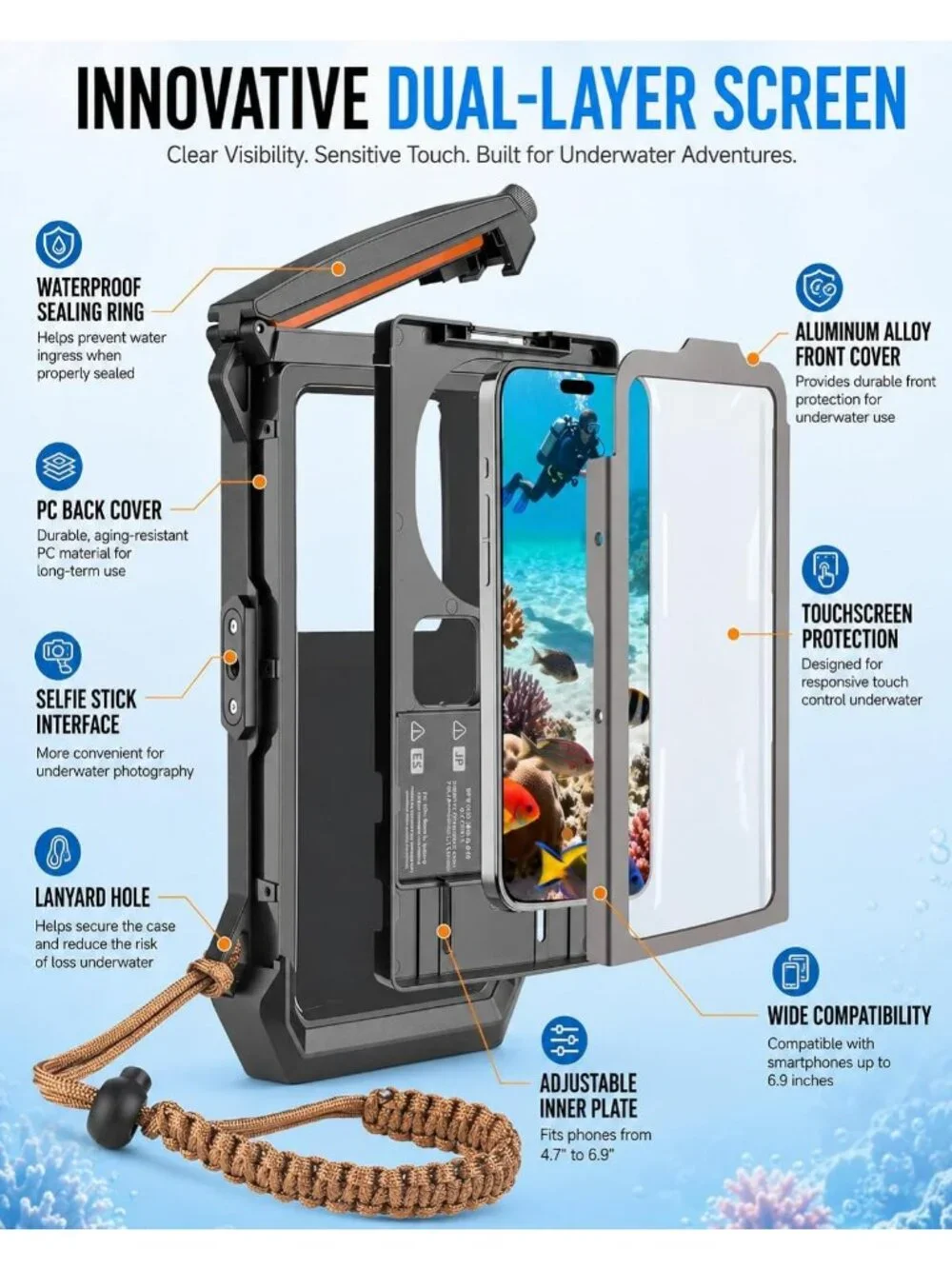 Waterproof Snorkeling Phone Case, 100ft/30m Depth, Universal Fit, Black
